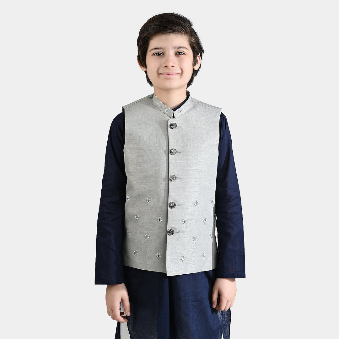 Boys Poly Viscose Waistcoats (Chin Motif)-Light grey