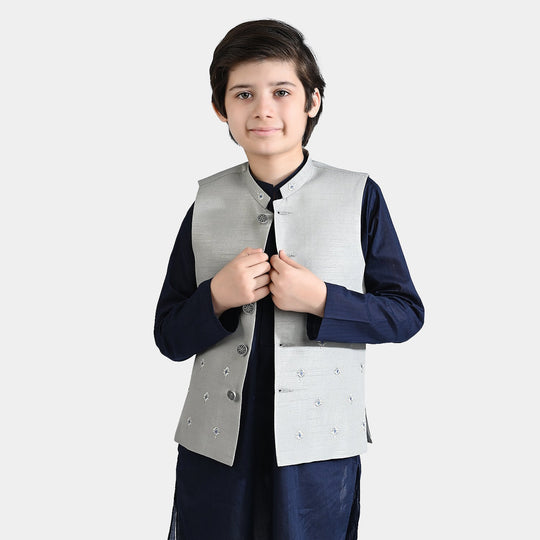 Boys Poly Viscose Waistcoats (Chin Motif)-Light grey