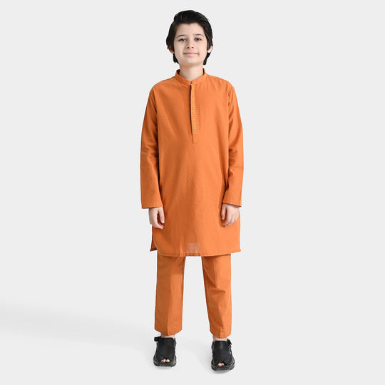 Boys Cotton Shalwar Suit (Dashed EMB)-Mustard