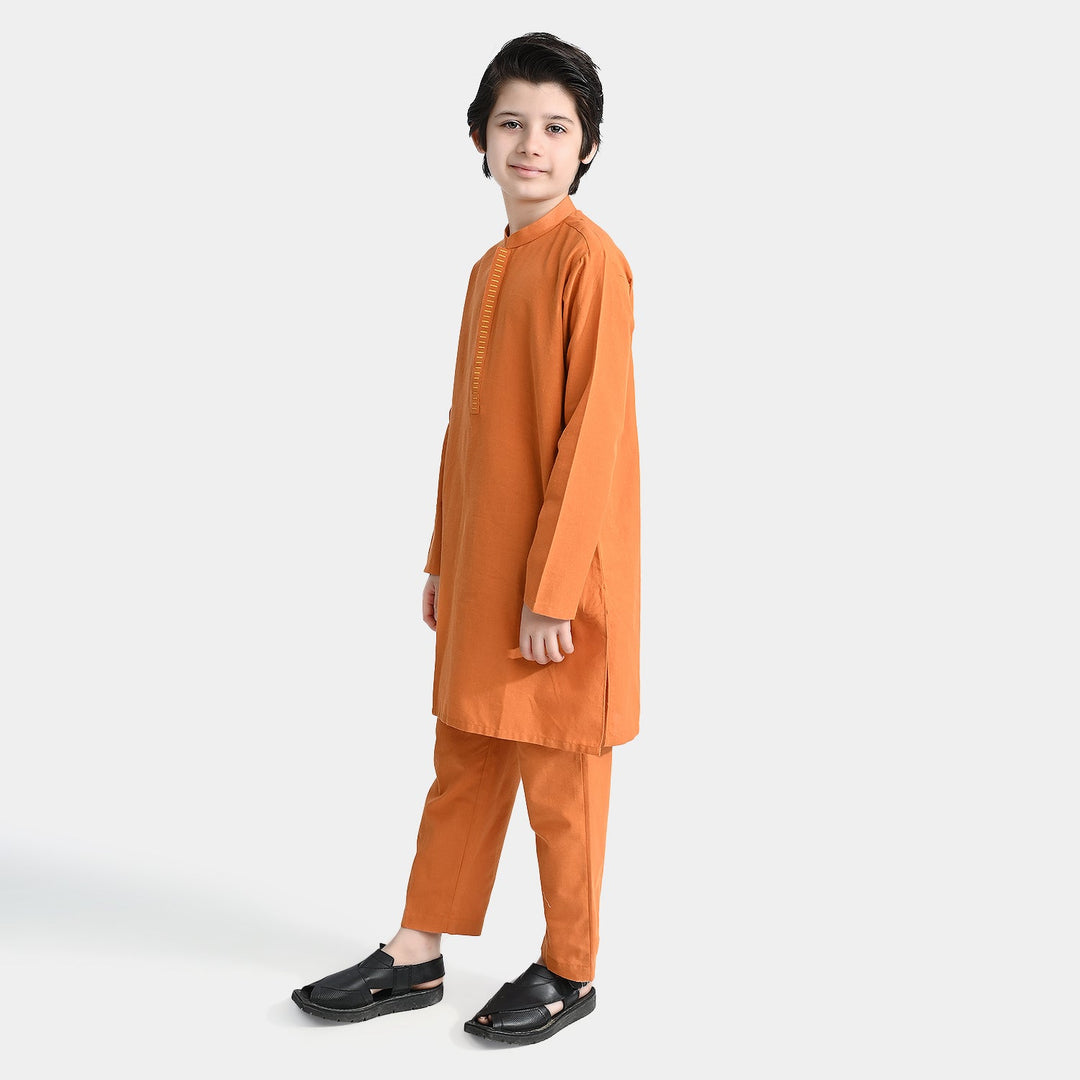 Boys Cotton Shalwar Suit (Dashed EMB)-Mustard