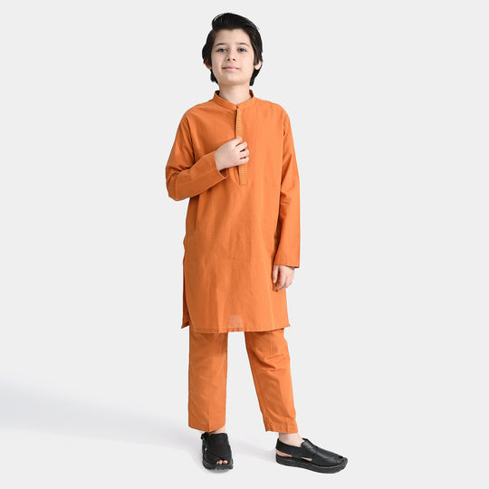 Boys Cotton Shalwar Suit (Dashed EMB)-Mustard