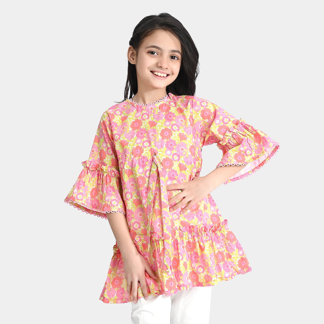 Girls Cotton Poplin Casual Frock Pink Frill-Pink