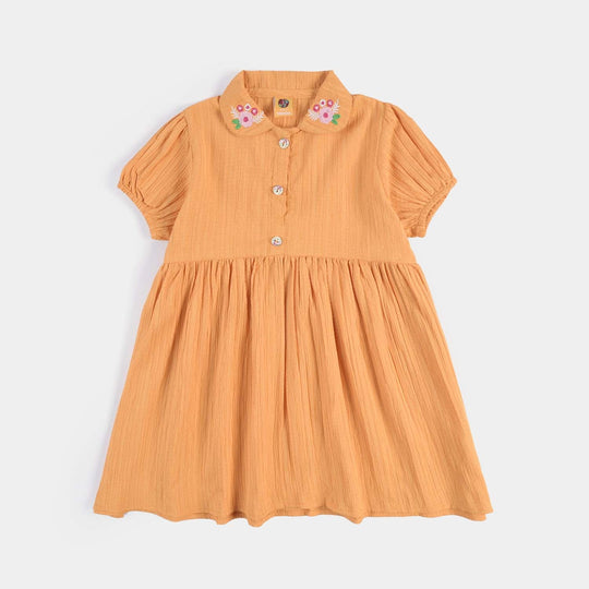 Girls Poly Cotton Casual Frock Mustard Crinkle-Mustard