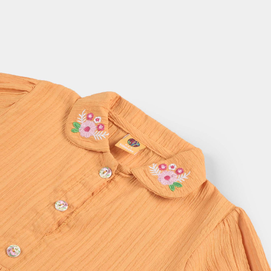 Girls Poly Cotton Casual Frock Mustard Crinkle-Mustard