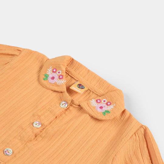 Girls Poly Cotton Casual Frock Mustard Crinkle-Mustard