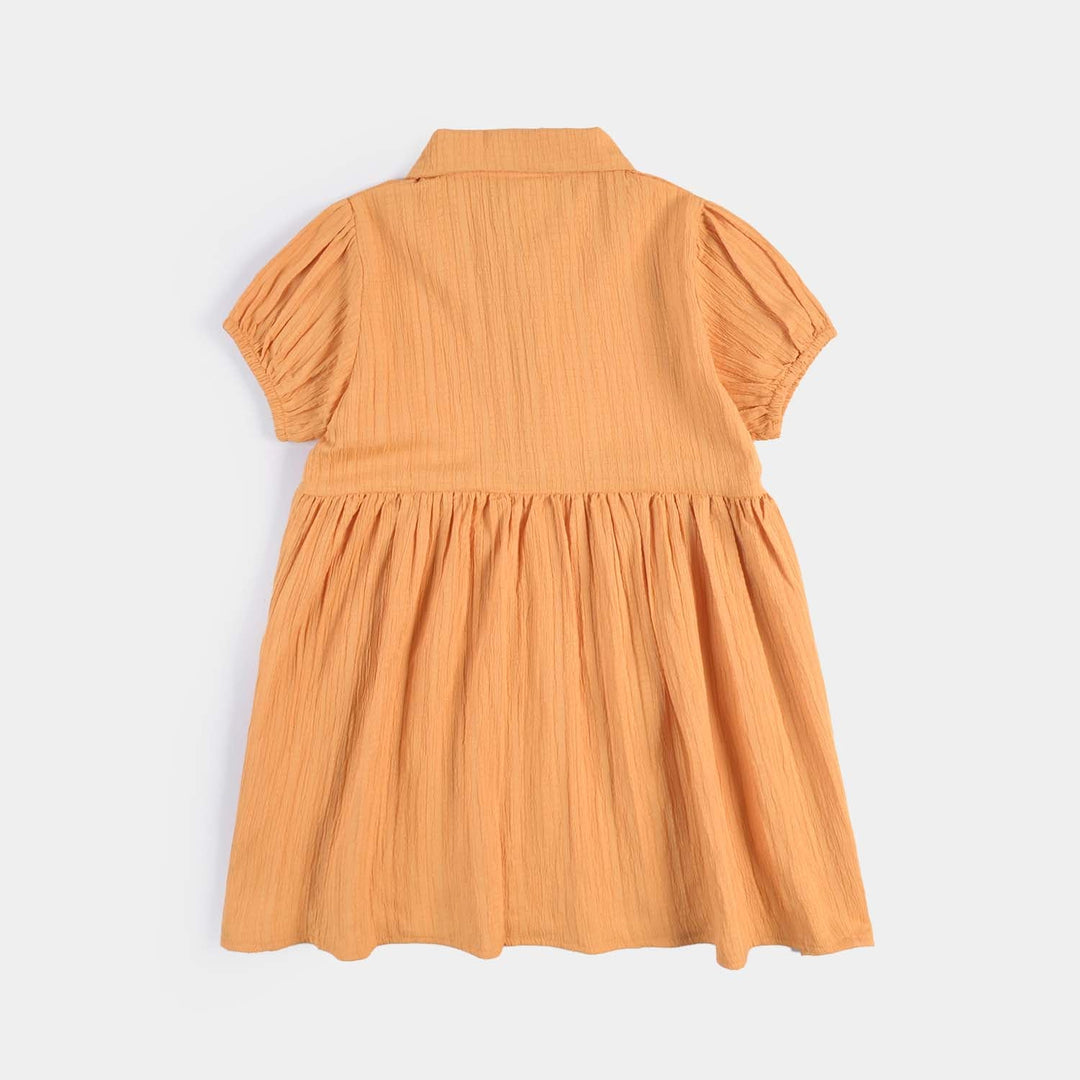 Girls Poly Cotton Casual Frock Mustard Crinkle-Mustard