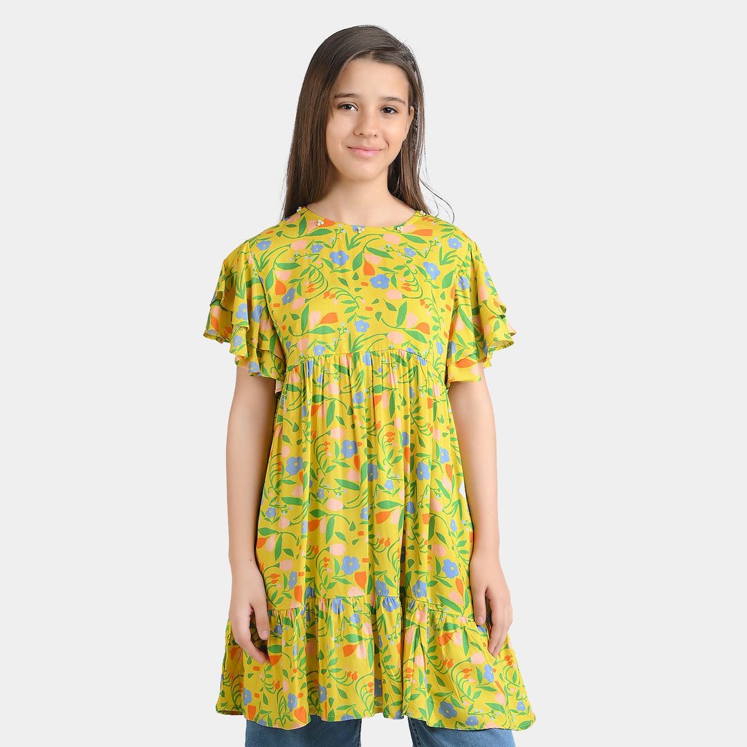 Girls Cotton Viscose Casual Frock Sun Flowers-Multi