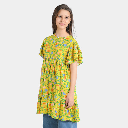 Girls Cotton Viscose Casual Frock Sun Flowers-Multi