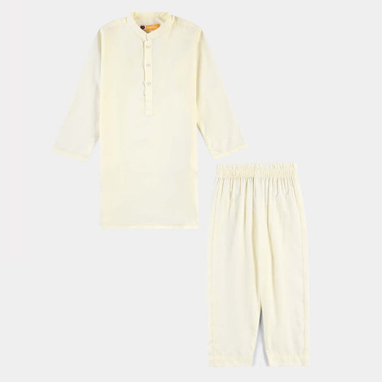 Boys Poly Viscose Kurta Pajama Suit (Square PKT)-Off White