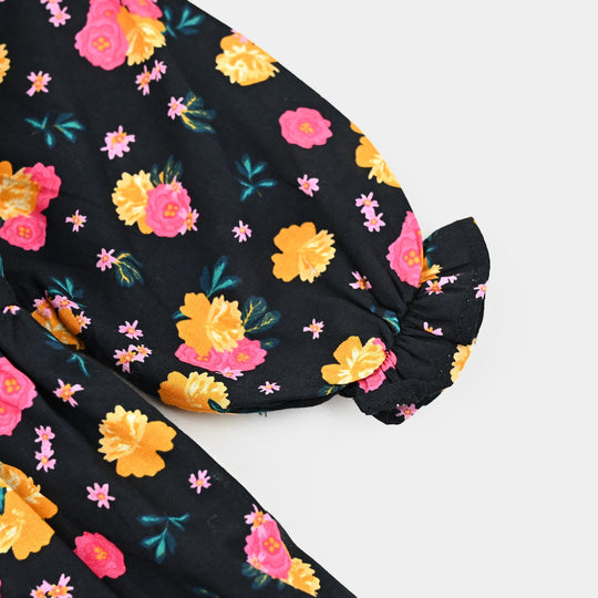 Infant Girls Cotton Poplin Casual Frock Yellow Flower-BLACK