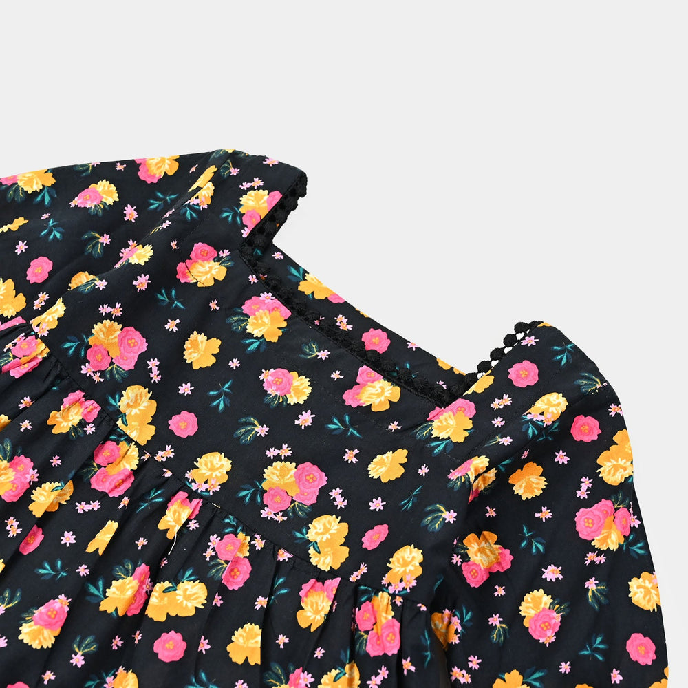 Infant Girls Cotton Poplin Casual Frock Yellow Flower-BLACK