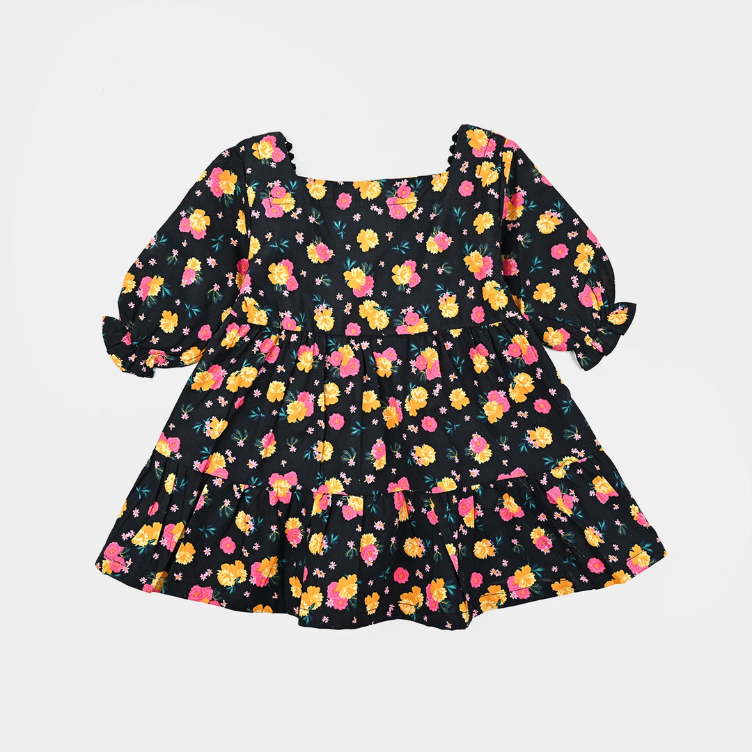 Infant Girls Cotton Poplin Casual Frock Yellow Flower-BLACK