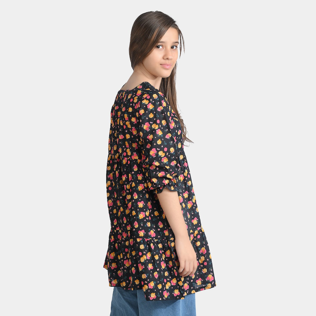 Girls Cotton Poplin Casual Frock Yellow Flower-BLACK