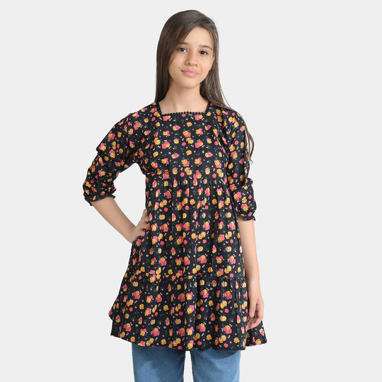 Girls Cotton Poplin Casual Frock Yellow Flower-BLACK