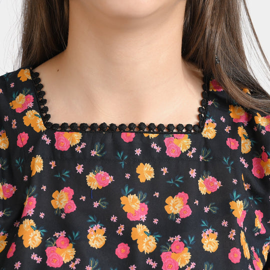 Girls Cotton Poplin Casual Frock Yellow Flower-BLACK