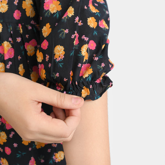 Girls Cotton Poplin Casual Frock Yellow Flower-BLACK