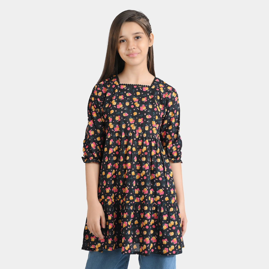 Girls Cotton Poplin Casual Frock Yellow Flower-BLACK
