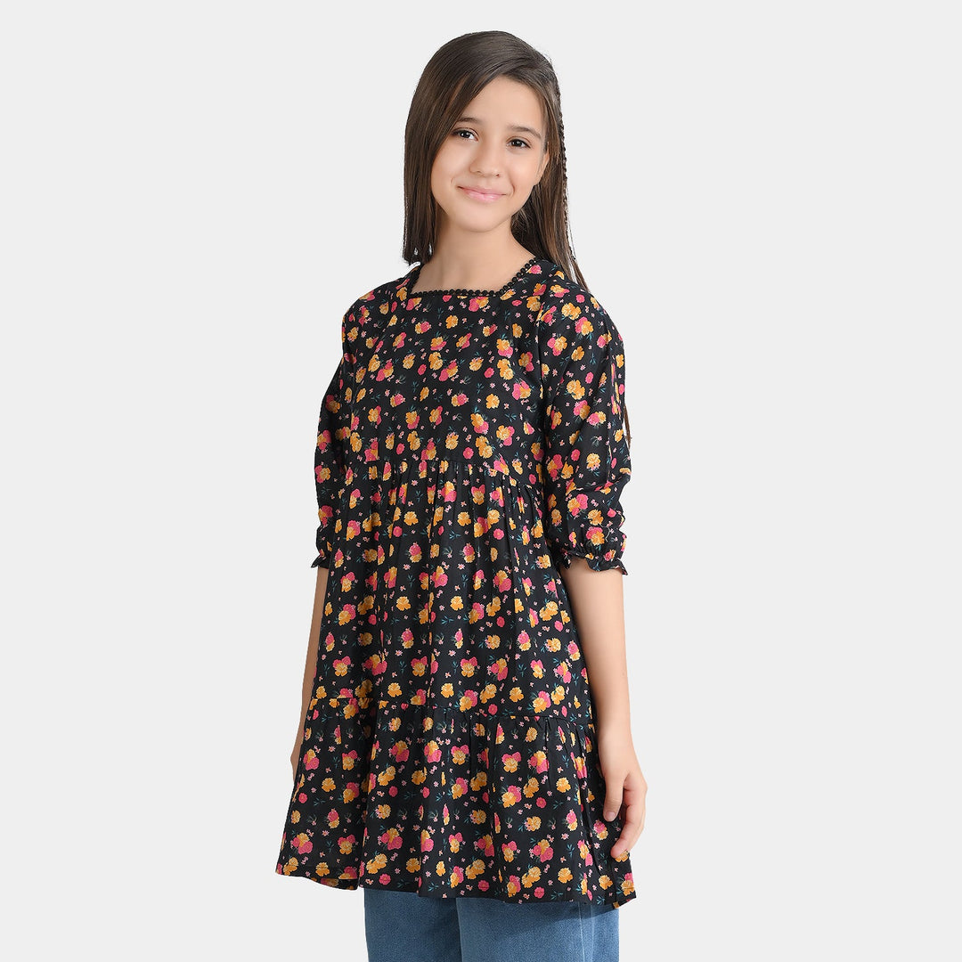 Girls Cotton Poplin Casual Frock Yellow Flower-BLACK