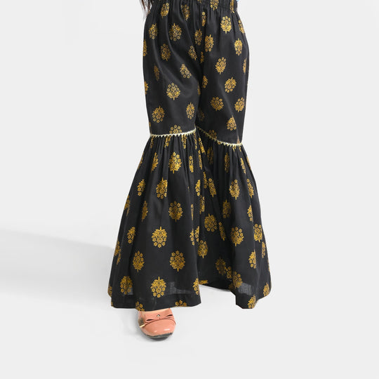Girls Cotton Printed Gharara-BLACK