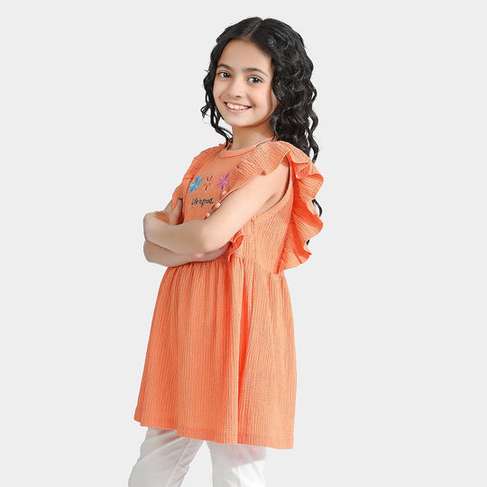 Girls Jacquard Jersey Frock Floral-ORANGE