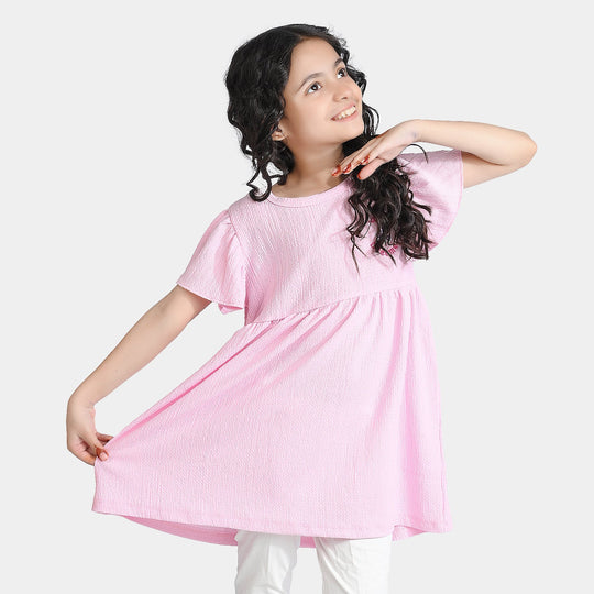Girls Poly Crinkle Frock Hello Summer-Pink