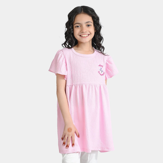 Girls Poly Crinkle Frock Hello Summer-Pink