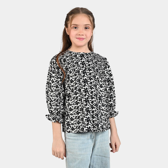 Girls Cotton Poplin Casual Top Black &White Flowers