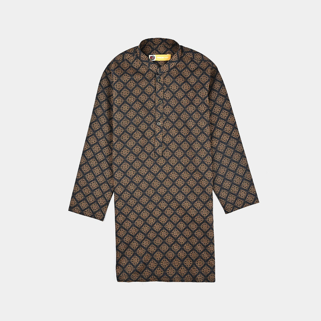 Boys Cotton Slub Printed Kurta (Indi Motif) -BLACK