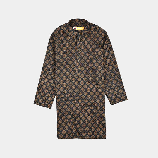 Boys Cotton Slub Printed Kurta (Indi Motif) -BLACK