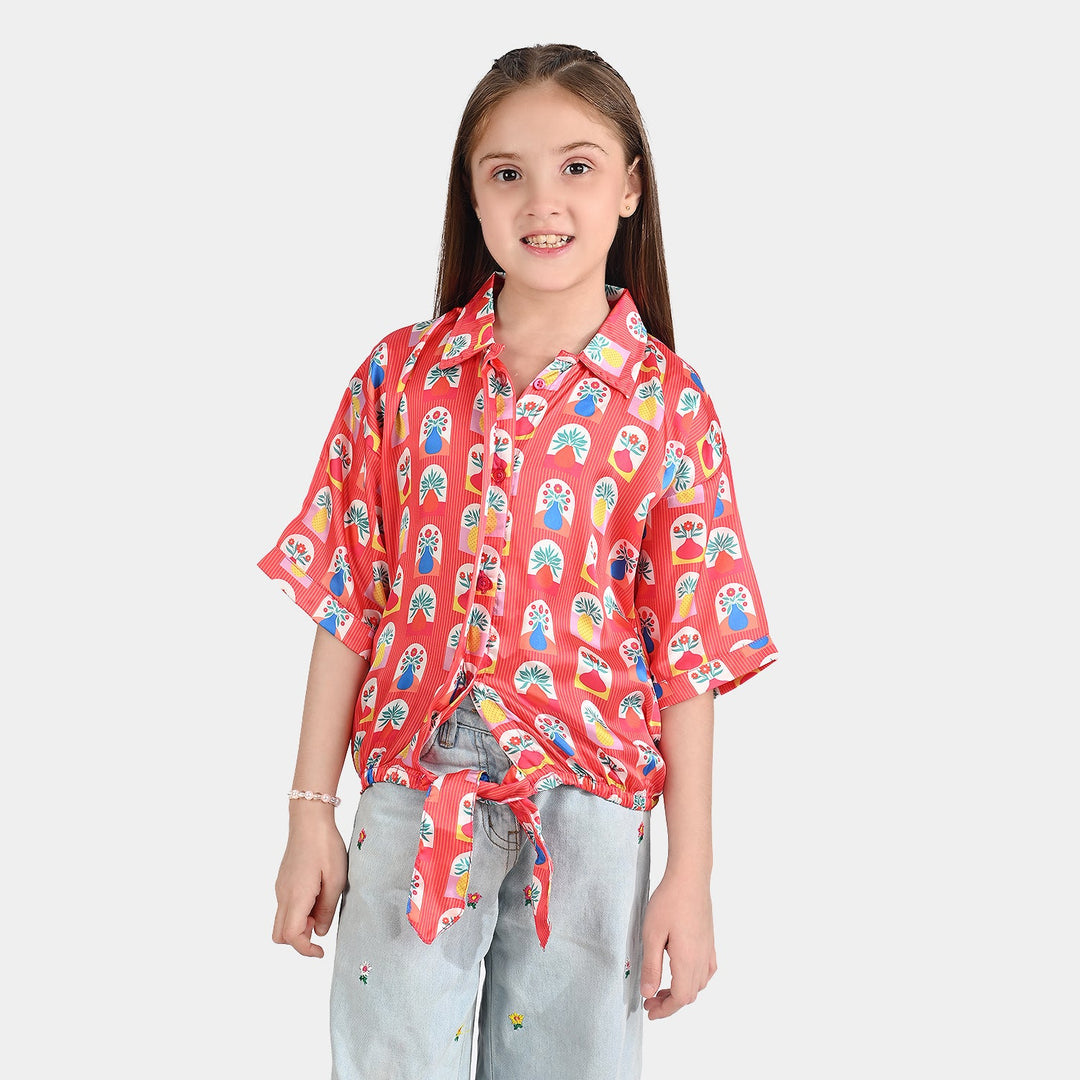 Girls poly cambric Casual Top Red Flora-RED