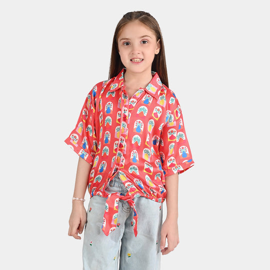 Girls poly cambric Casual Top Red Flora-RED