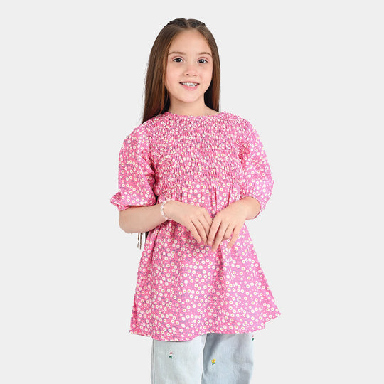 Girls Raw Silk Casual Frock-Pink