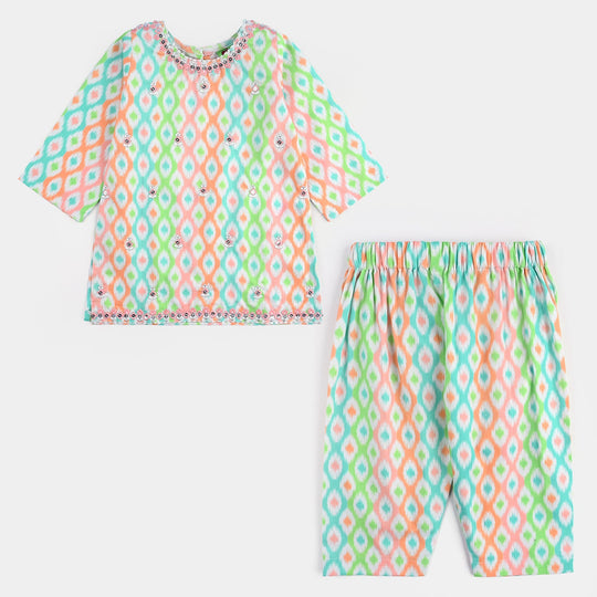 Infant Girls Cotton Poplin Printed & Emb 2 Pcs Pink Zari-Multi