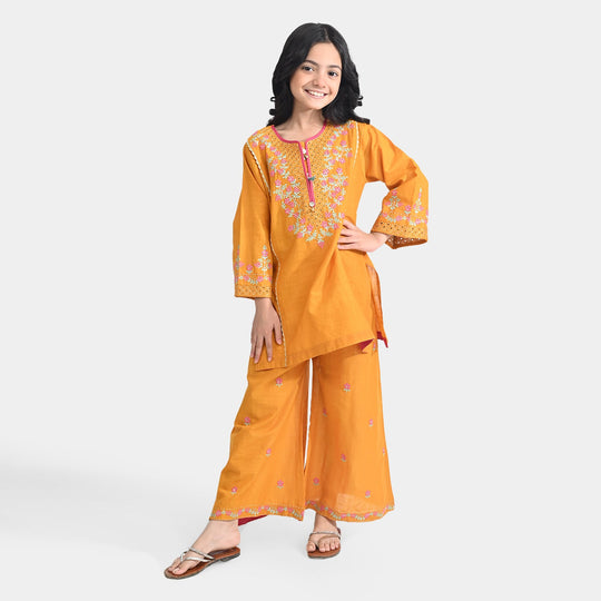 Girls Cotton Slub Emb 2Pcs Sher Bano-Mustard