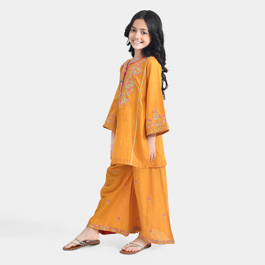 Girls Cotton Slub Emb 2Pcs Sher Bano-Mustard
