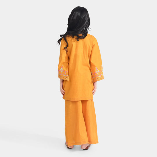 Girls Cotton Slub Emb 2Pcs Sher Bano-Mustard