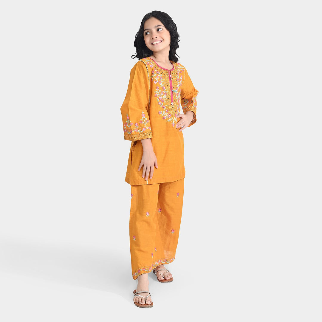 Girls Cotton Slub Emb 2Pcs Sher Bano-Mustard