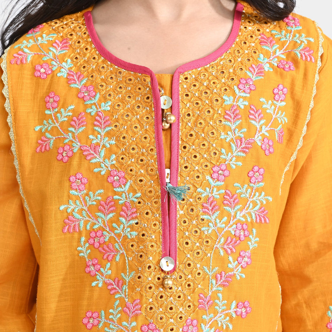 Girls Cotton Slub Emb 2Pcs Sher Bano-Mustard