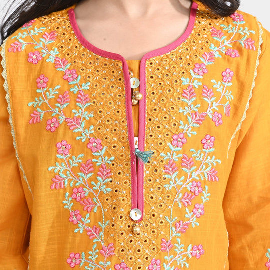 Girls Cotton Slub Emb 2Pcs Sher Bano-Mustard
