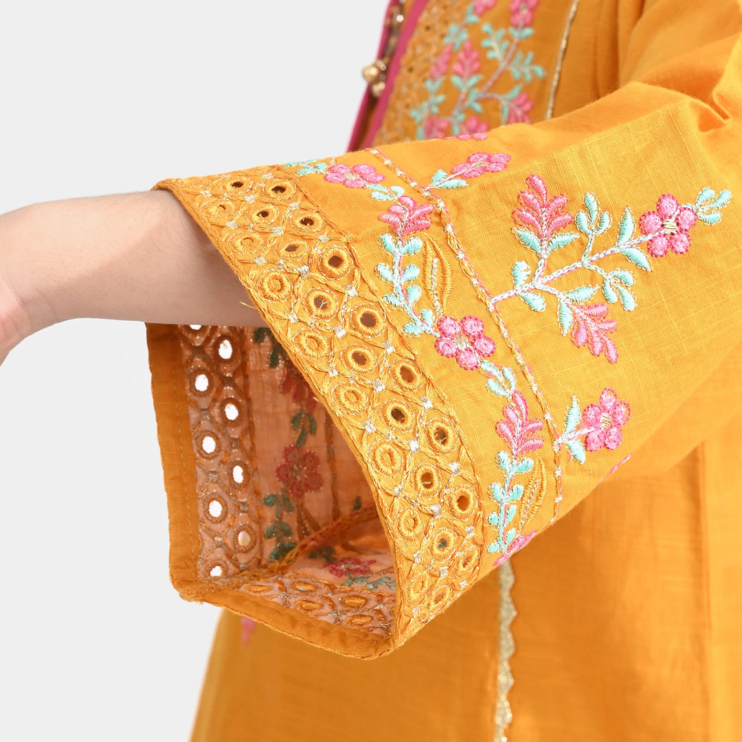 Girls Cotton Slub Emb 2Pcs Sher Bano-Mustard