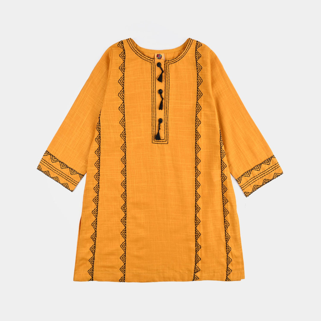 Girls Cotton Slub Emb Kurti-Mustard