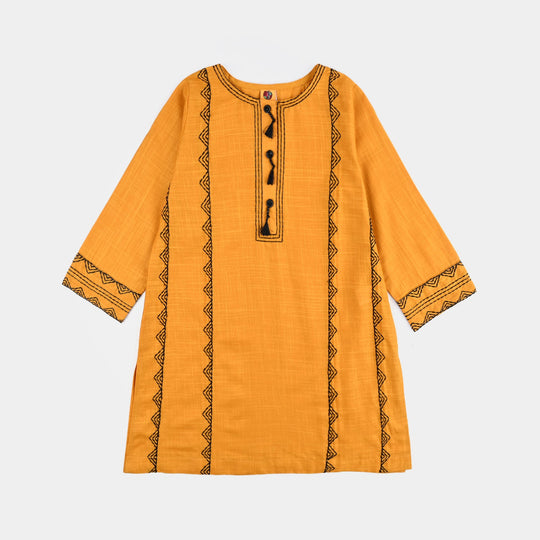 Girls Cotton Slub Emb Kurti-Mustard