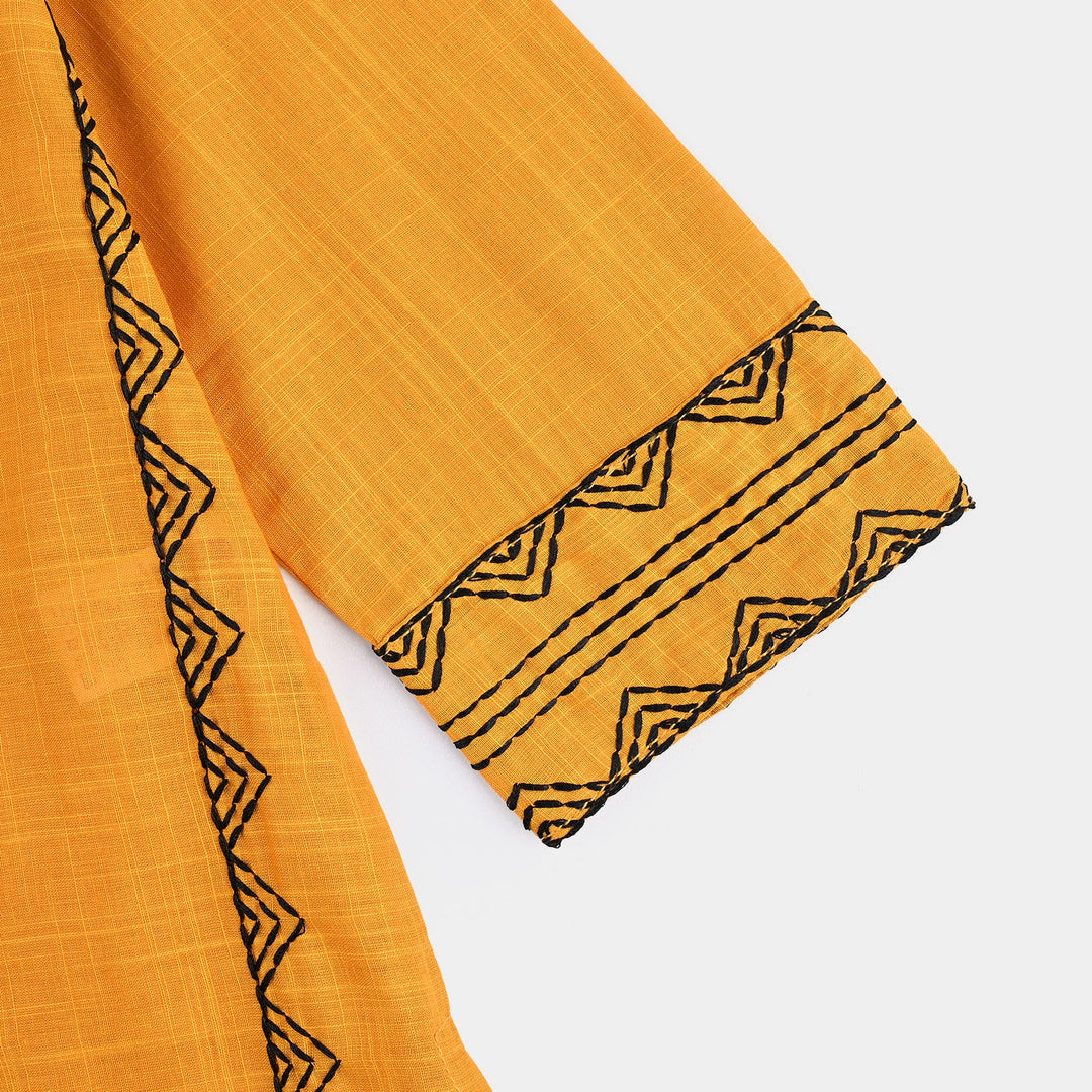 Girls Cotton Slub Emb Kurti-Mustard