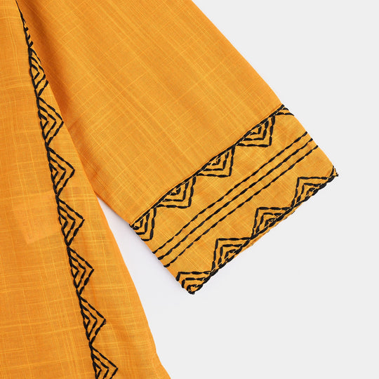 Girls Cotton Slub Emb Kurti-Mustard
