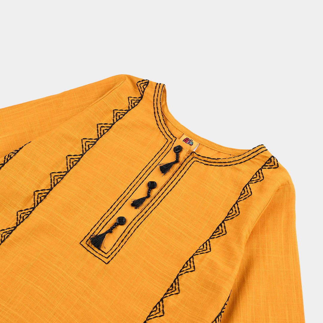 Girls Cotton Slub Emb Kurti-Mustard