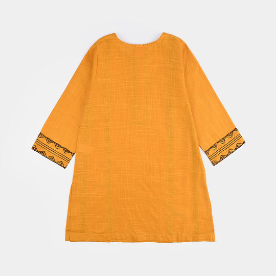 Girls Cotton Slub Emb Kurti-Mustard