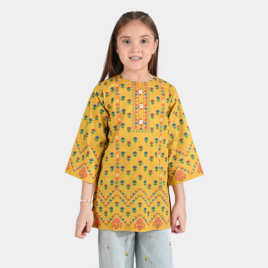 Girls Cotton Poplin Printed Kurti Ocher-Mustard