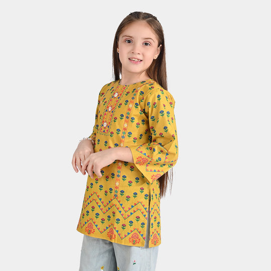 Girls Cotton Poplin Printed Kurti Ocher-Mustard
