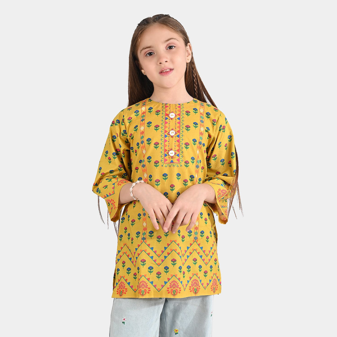 Girls Cotton Poplin Printed Kurti Ocher-Mustard