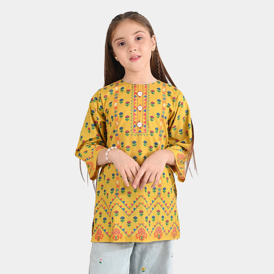 Girls Cotton Poplin Printed Kurti Ocher-Mustard